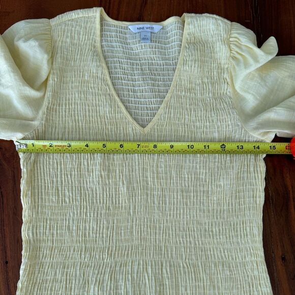 Nine West creamy yellow smocked front & back V neck, short sleeve puff elastic - Picture 11 of 11
